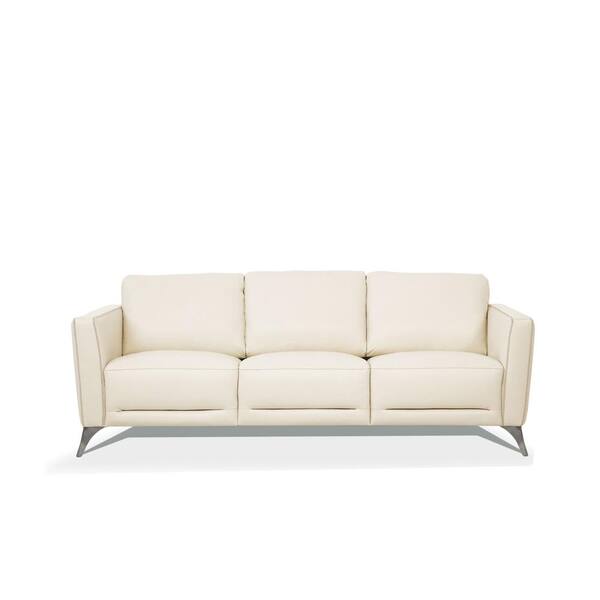 HomeRoots Amelia 83 in. Rolled Arm Leather Rectangle Sofa in Cream