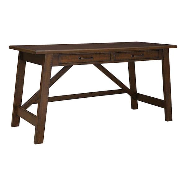 Benjara 60 in. Rectangular Brown Wood 2-Drawers Writing Desk with Cross Stretcher Brace Design