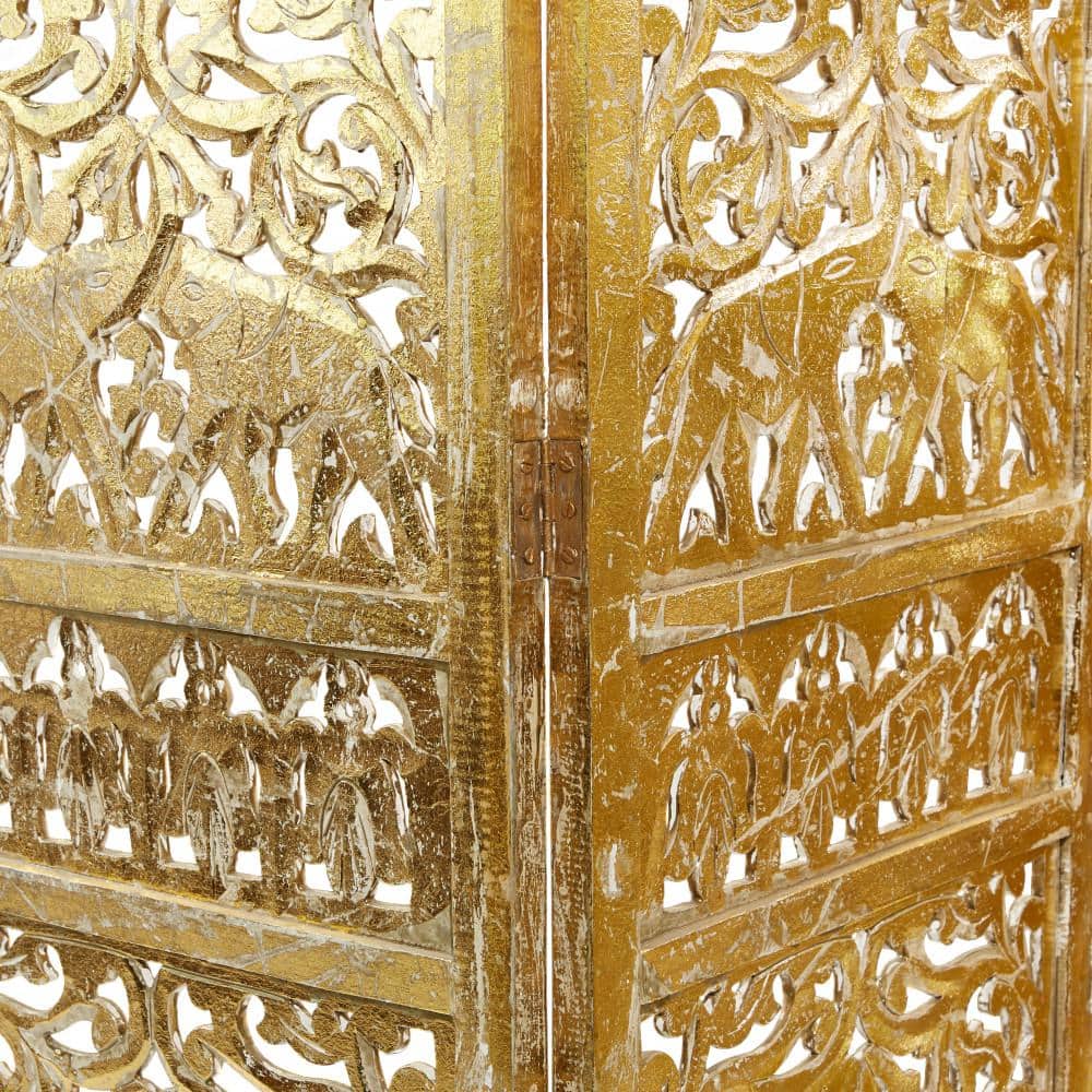 Gold Wooden Carved Elephant 4-Panel Folding Privacy Screen