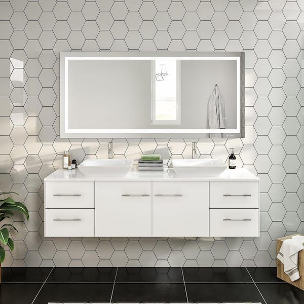 Eviva Wave 60 in. Double Sink Floating White Bath Vanity with White Quartz Top (Assembled)