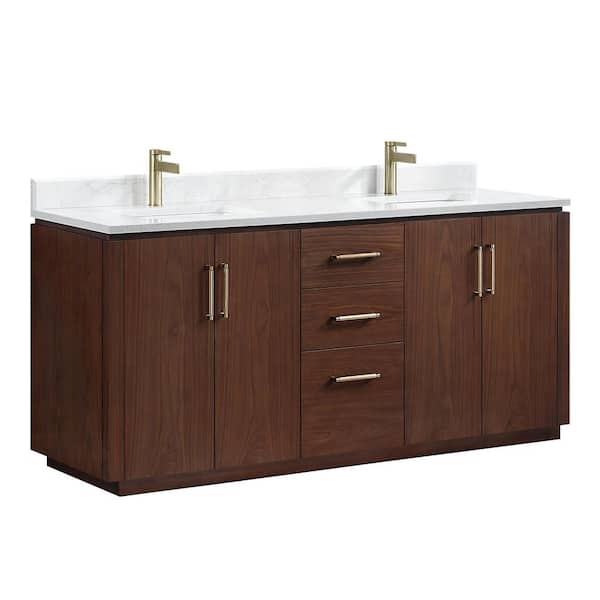 San 72 in.W x 22 in.D x 33.8 in.H Double Sink Bath Vanity in Natural Walnut with White Composite Stone Top