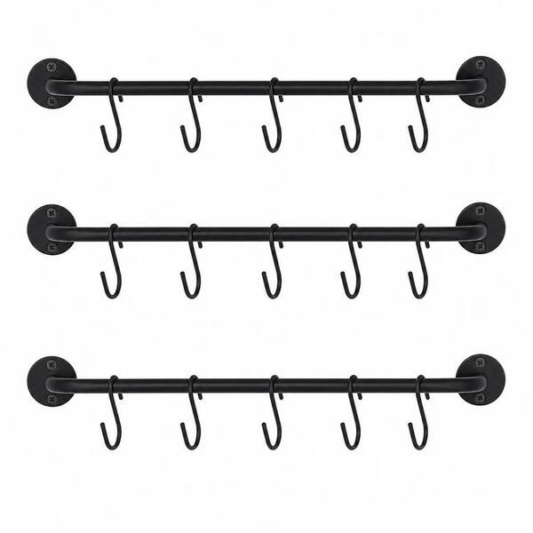 3-Pack 17 in. Black Wall Mounted Mug Holder with 15 Mug Hooks, Coffee Cup Rack Hanger, TeaCups Storage Organizer