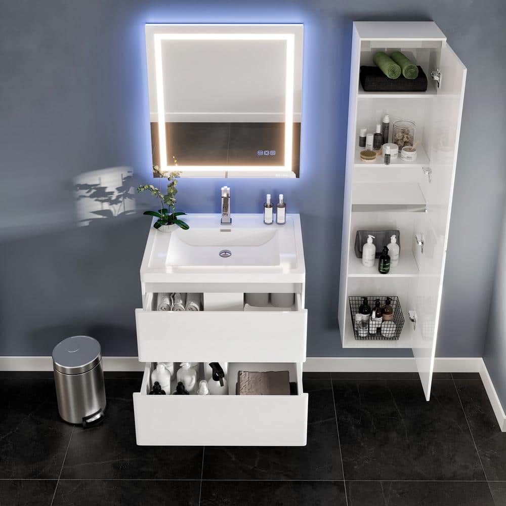 Glossy White 28" Wall Mount Bathroom Vanity with Marble Top