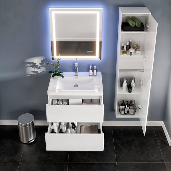 Glazzy 28 in. W x 18.75 in. D x 22 in. H Floating Bathroom Vanity in White with White Acrylic Top with White Sink
