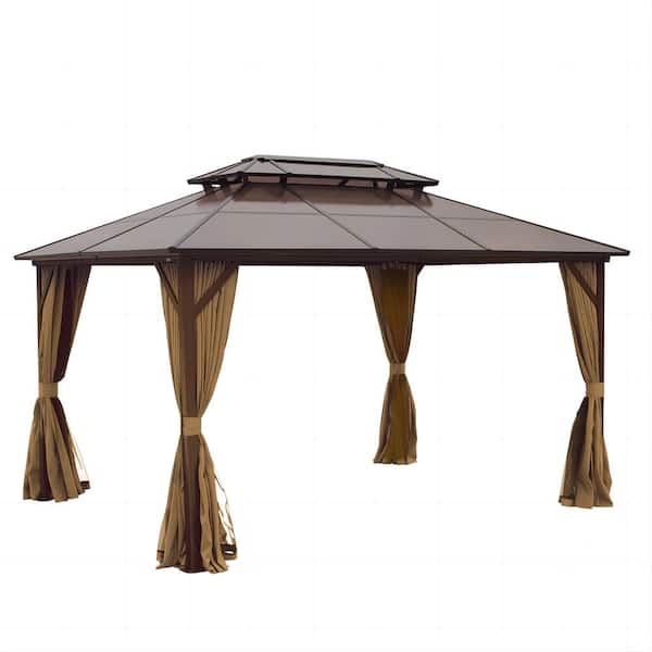Unbranded 10 ft. W x 13 ft. L Aluminum Outdoor Patio Gazebo with Netting and Curtains for Patio Lakeside Brown