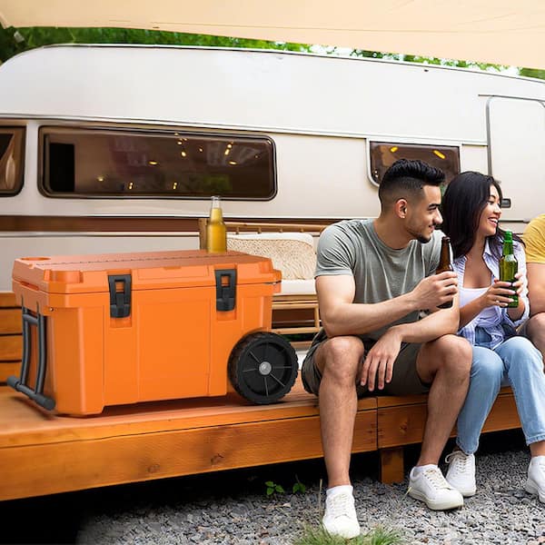 27.5 in. 55 qt. Cooler with Wheels, Warming Drawer, Leak-Proof Outdoor Insulated Cooler with Handle, Cup Holders, Orange