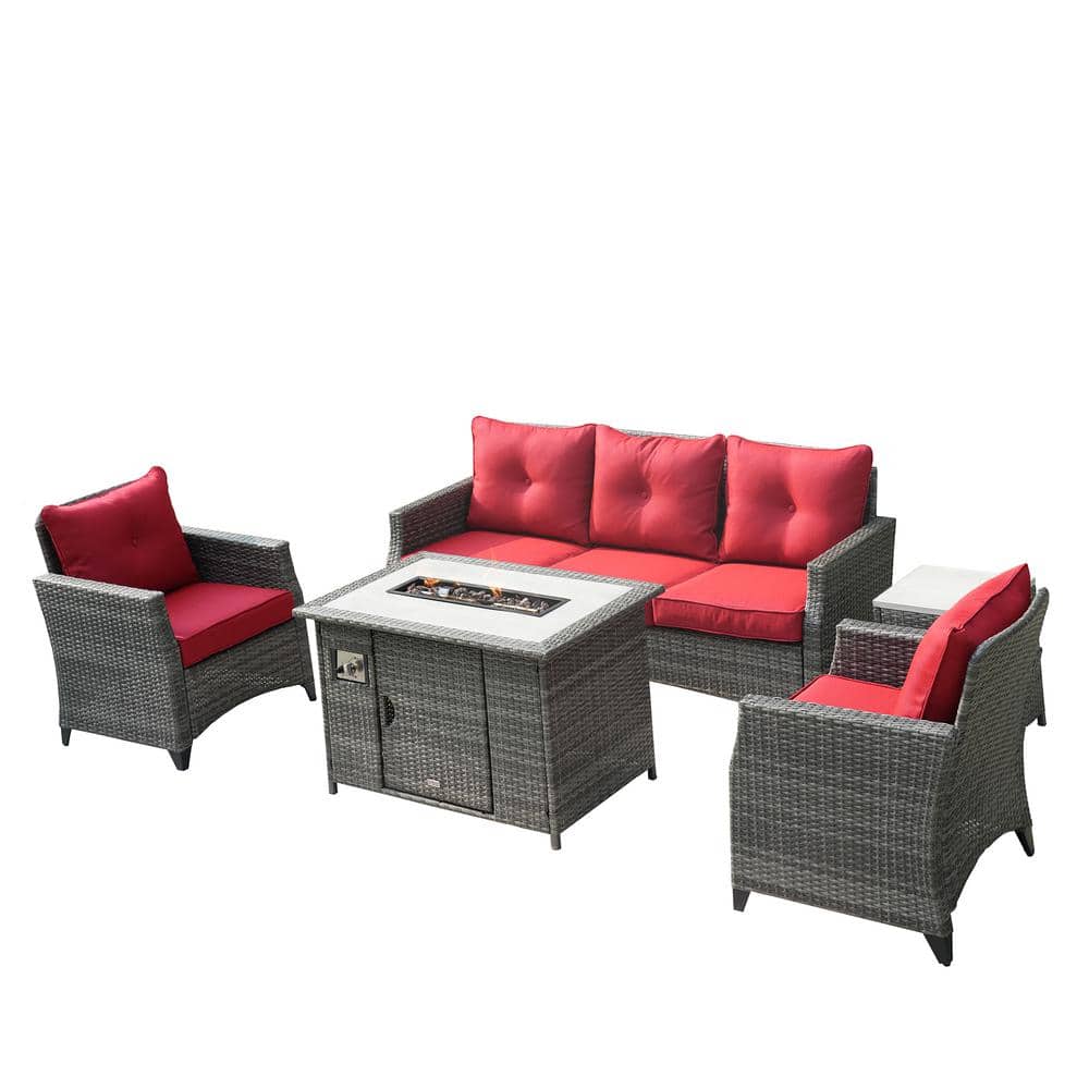 Gray 5-Piece Outdoor Rattan Wicker Patio Fire Pit Conversation Sofa Set with Red Cushions price history on PriceWatchPro