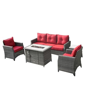 Gray 5-Piece Outdoor Rattan Wicker Patio Fire Pit Conversation Sofa Set with Red Cushions