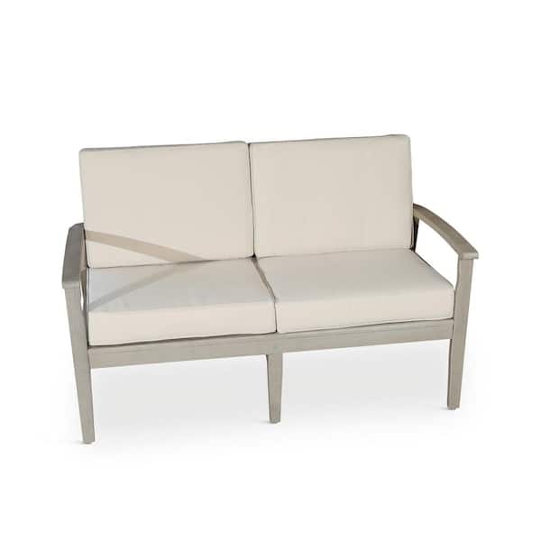 Zeus & Ruta Driftwood Gray Eucalyptus Wood Outdoor Loveseat with Sand Cushions