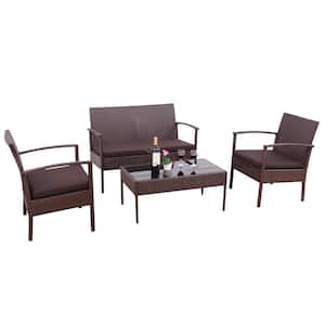 4-Piece Rattan Wicker Patio Conversation Set Loveseat Sofa with Brown Cushions Garden Yard Furniture