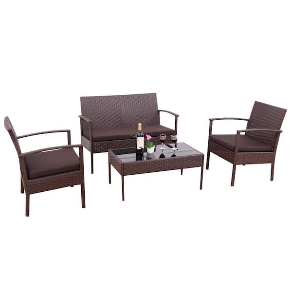 Costway 4-Piece Rattan Wicker Patio Conversation Set Loveseat Sofa with Brown Cushions Garden Yard Furniture