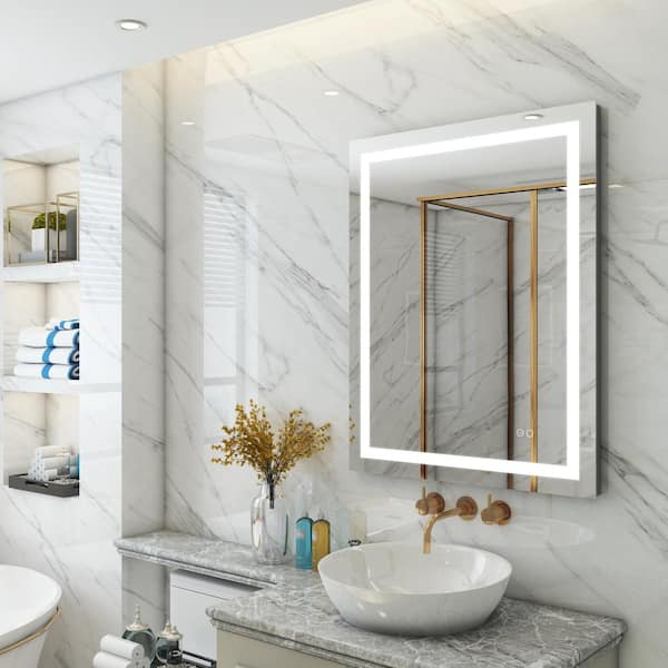 WELLFOR 28 in. W x 36 in. H Rectangular Frameless LED Lighted Anti-Fog Wall Mounted Bathroom Vanity Mirror