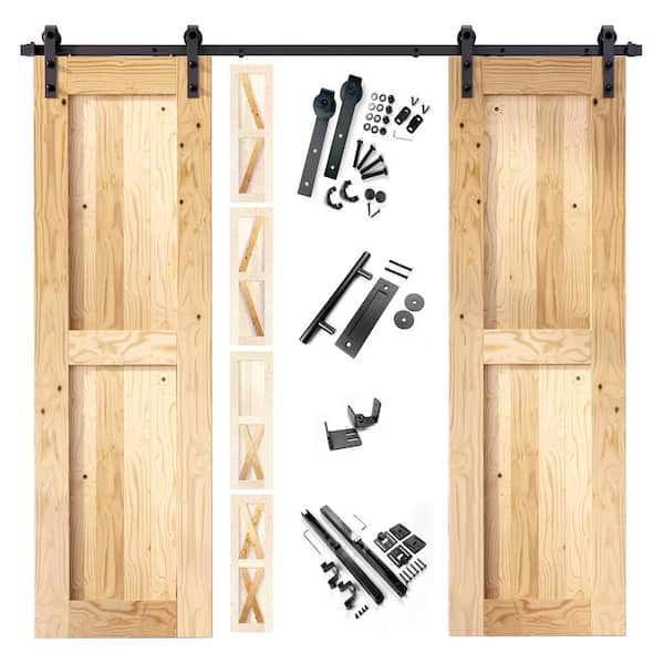 24 in. W. x 80 in. 5-in-1-Design Unfinished Frame Double Pine Wood Interior Sliding Barn Door Hardware Kit, Non-Bypass