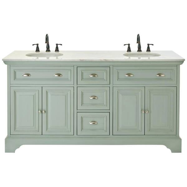 Home Decorators Collection Sadie 67 in. W Double Bath Vanity in Antique Light Cyan with Natural Marble Vanity Top in White