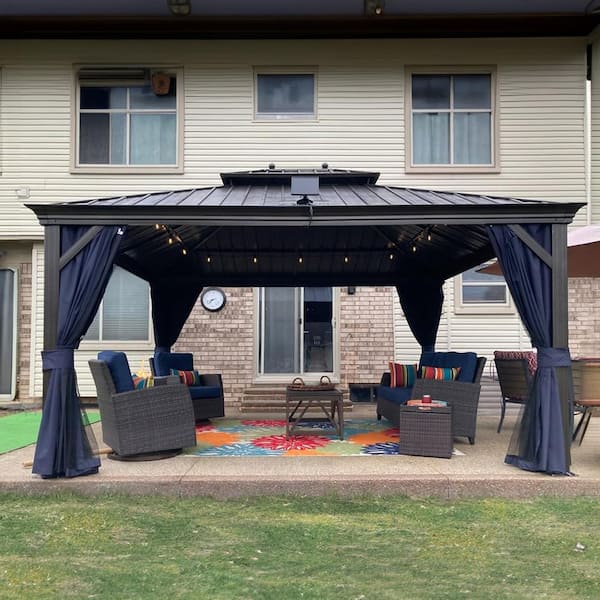 PURPLE LEAF 12 ft.x 14 ft.Bronze Aluminum Power-Coated Frame Galvanized Steel Double Roof Hardtop Gazebo,Hooks, Netting,Blue Curtain