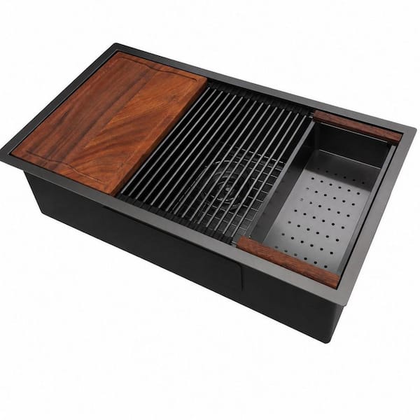 33 in. Black Undermount Kitchen Sink Workstation Kitchen Sinks with Ledge Round Corner Stainless Steel Single Bowl Basin