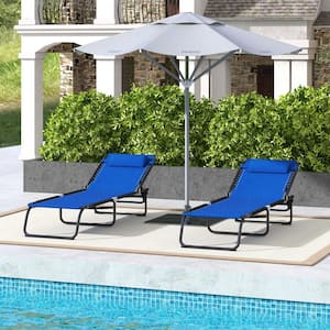 Set of 2 Blue Steel Outdoor Lounge Chair, Patio Sun Tanning Chair with Pillow, 4-Position Reclining Back