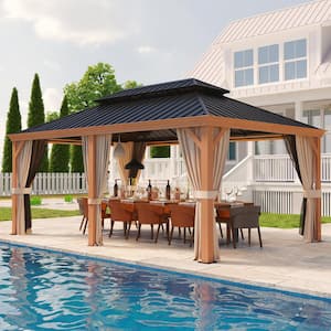 12 ft. x 18 ft. Wood Grain Hardtop Outdoor Gazebo with Double Roof, Ceiling Hook, Textilene Netting and Privacy Curtains
