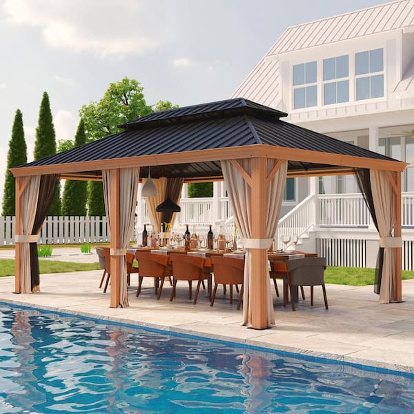 COOS BAY 12 ft. x 18 ft. Wood Grain Hardtop Outdoor Gazebo with Double Roof, Ceiling Hook, Textilene Netting and Privacy Curtains