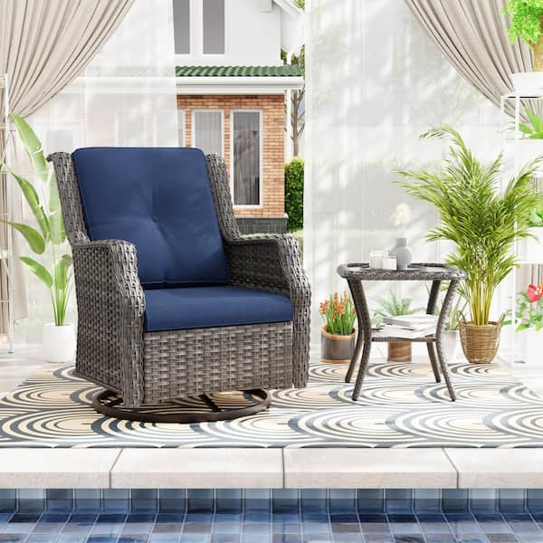 JOYSIDE 2-Piece Wicker Patio Swivel Rocking Chair Outdoor Bistro Set with Blue Cushions