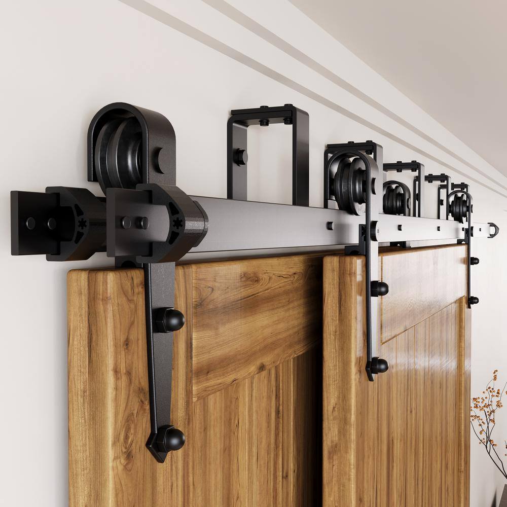 Rustic Black Double Track Bypass Sliding Barn Door Hardware Kit, 9ft