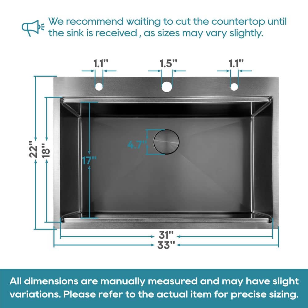 33" Gunmetal Black Stainless Steel Single Bowl Drop-In Workstation Sink