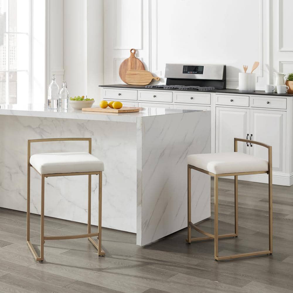 Elegant Creme Velvet and Gold Metal Counter Height Barstools, Set of 2