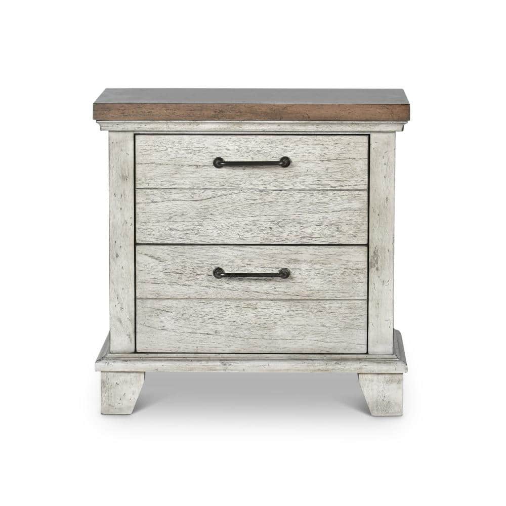 Rustic Ivory Farmhouse 2-Drawer Nightstand with Honey Accents