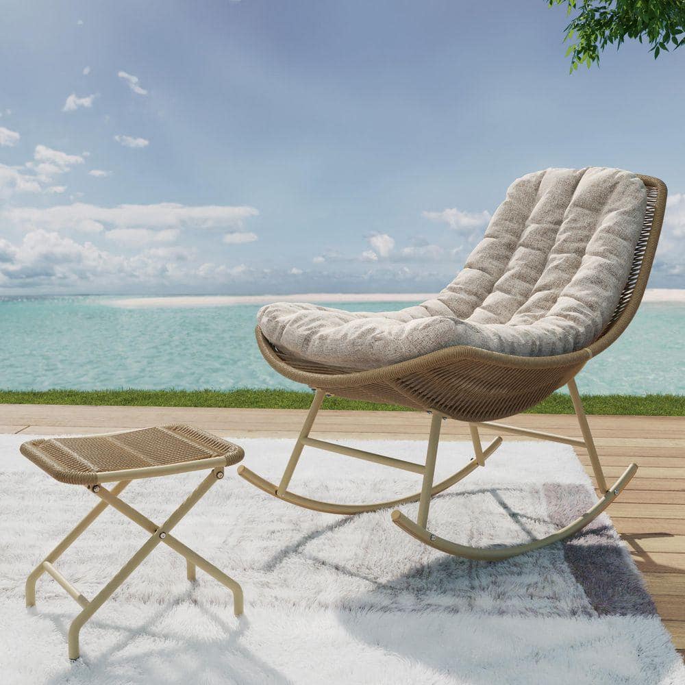 Wicker Outdoor Rocking Chair with Rattan Ottoman and Beige Cushions