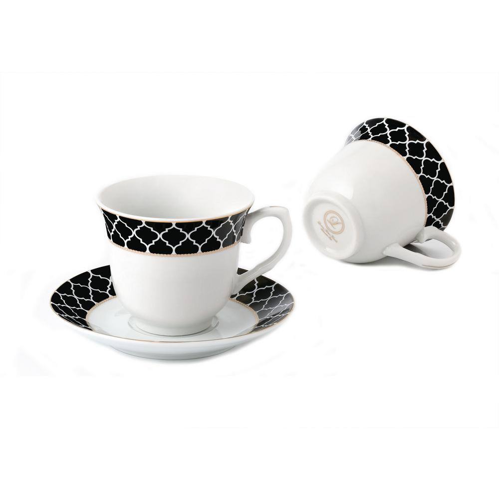 Elegant Black and Gold Porcelain Tea Cups and Saucers Set, 8 oz