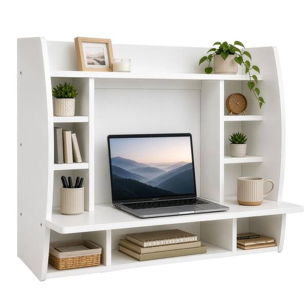 Versatile Wall Mount Floating Computer Desk, 43.25 in. W, Rectangular White Wooden Writing Study Desk Table with shelves