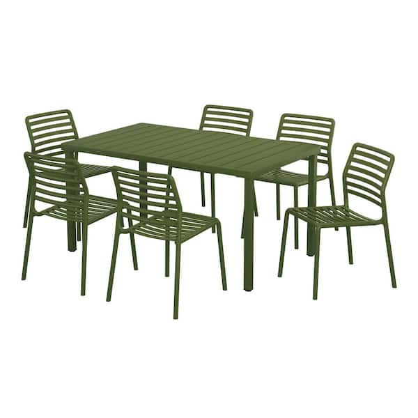 Frond and Form Outdoor Patio Modern 7-Piece Rectangular Steel Table, 6 Stackable Plastic Chairs Dining Set, Olive Green