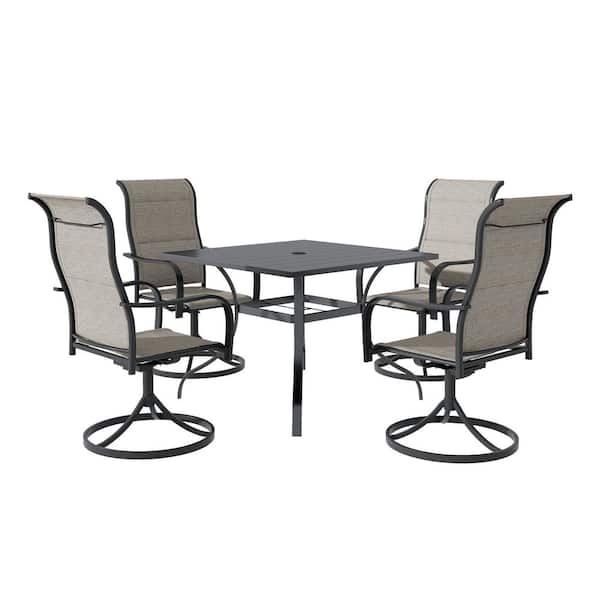 Clihome 5-Piece Metal Outdoor Dining Set Square Table & 4 Swivel Chairs, 360° Rotation, Textilene Fabric, Umbrella Hole