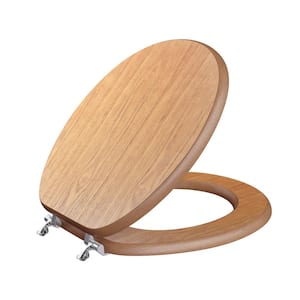 Decorative Wood Round Closed Front Toilet Seat with Cover and Chrome Hinge in Dark Brown Oak