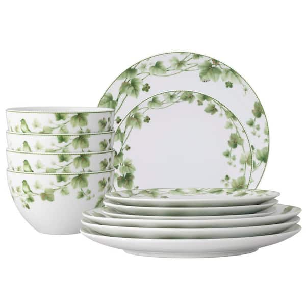 Noritake Ivy Whisper Porcelain (Green) 12-Piece Dinnerware Set, Service for 4