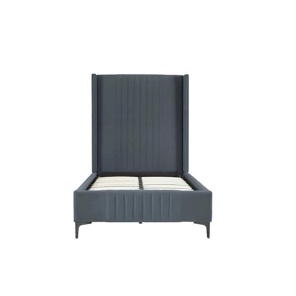 Manhattan Comfort Promenade Gray Mid-Century Modern Velvet Upholstered Wood Frame Twin Platform Bed