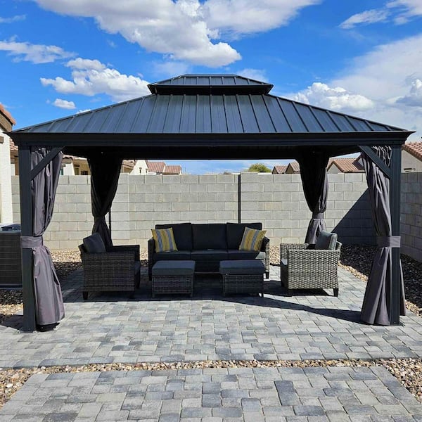 PURPLE LEAF 12 ft. x 16 ft. Gray Aluminum Power-Coated Frame Galvanized Steel Double Roof Hardtop Gazebo,Hooks, Netting,Gray Curtain
