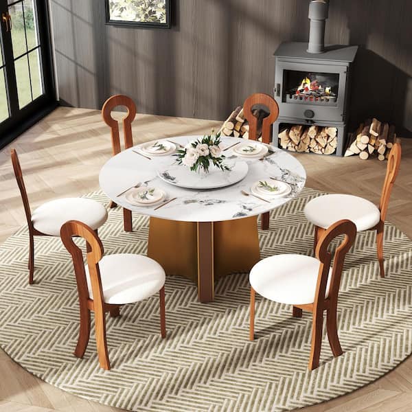 Magic Home 53.1 in. Ink Rotable Lazy Susan Sintered Round Stone Tabletop Gold Pedestal Base Kitchen Dining Table (Seats-6)
