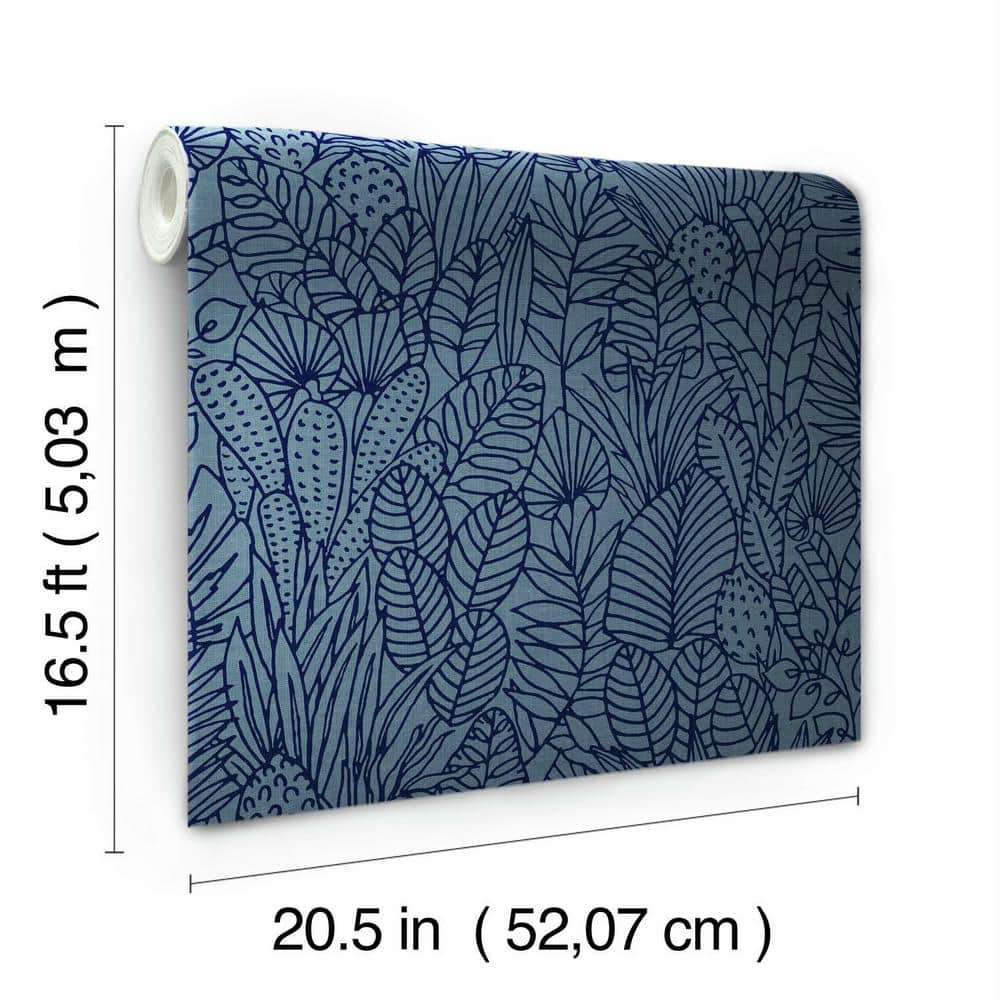 Blue and Navy Tropical Leaves Peel and Stick Wallpaper Roll