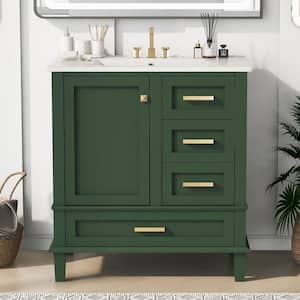 30 in. W x 18 in. D x 34 in. H Single Sink Bath Vanity in Green with White Ceramic Top, Drawers and Soft Closing Door