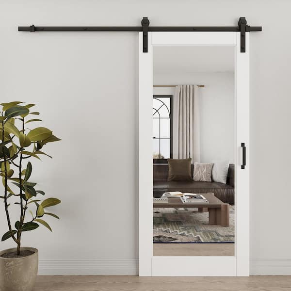 36 in. x 80 in. 1-Lite Tempered Clear Glass White Primed Solid Core MDF Sliding Barn Door with Hardware Kit