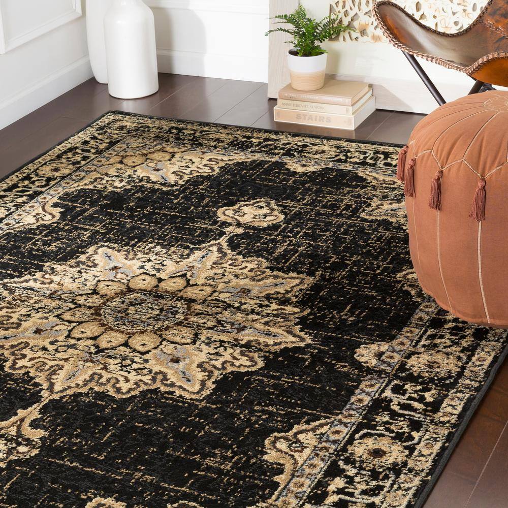 Handmade Black and Beige Synthetic Rectangular Area Rug