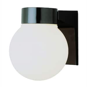 Pershing 1-Light Black Outdoor Wall Light Fixture with Opal Glass Globe Shade