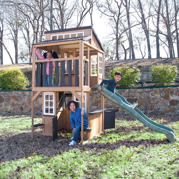 DIY Cliffbrook Wooden Outdoor Playhouse with Two-Stories, Slide, Balcony, Climbing Ladder, Chalkboard, and Windows