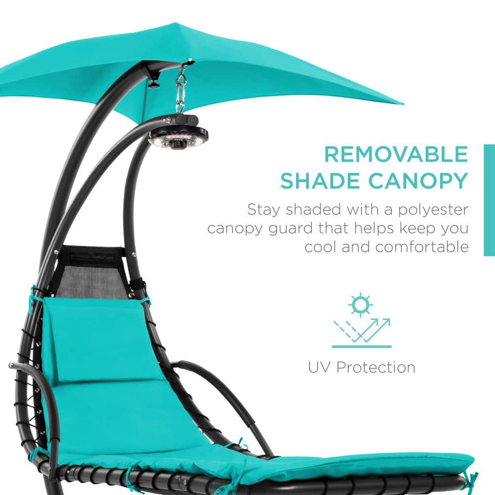 Teal Hanging LED-Lit Curved Chaise Lounge Chair with Canopy and Stand
