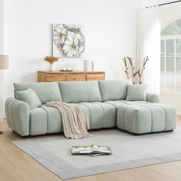 110 in. W Boucle Fabric Modular Sectional Sofa in. Light Green with Movable Ottoman and Extra-Large Seat
