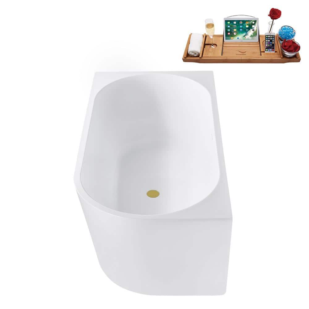 67" Glossy White Acrylic Freestanding Tub with Brushed Gold Trim
