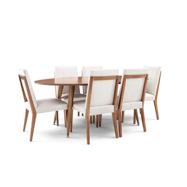 Herval 7-Piece Oval Almond Oak/Off-White Wood Top Dining Set with Wood Edge Chairs (Seats 4)