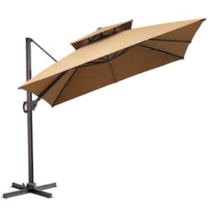 10.5 ft. x 10.5 ft. Double Top Rectangular Cantilever Tilt Patio Umbrella in Tan