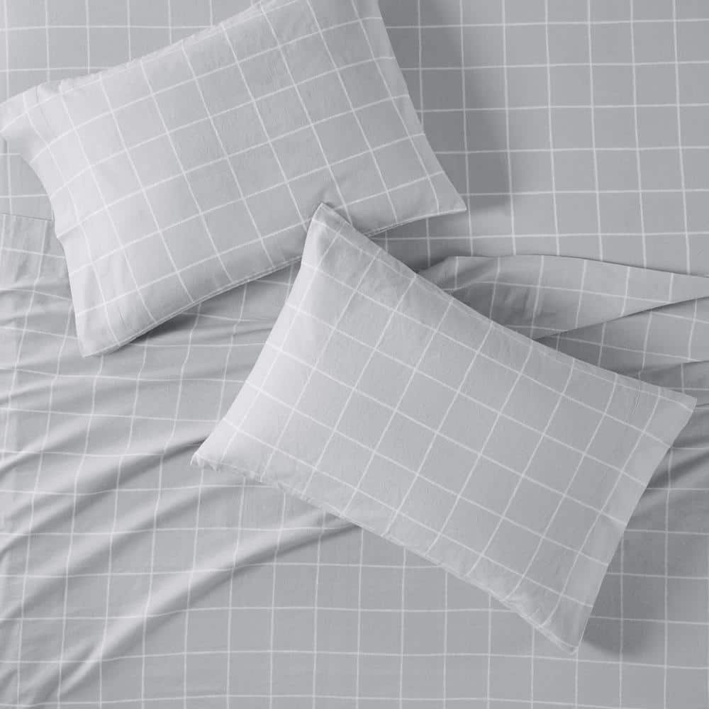 California King Grey Windowpane Cotton Flannel Sheet Set